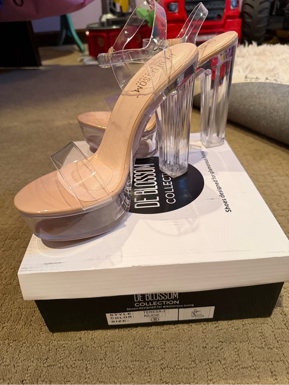 De Blossom Collection Nude Platform Heels with Clear Straps